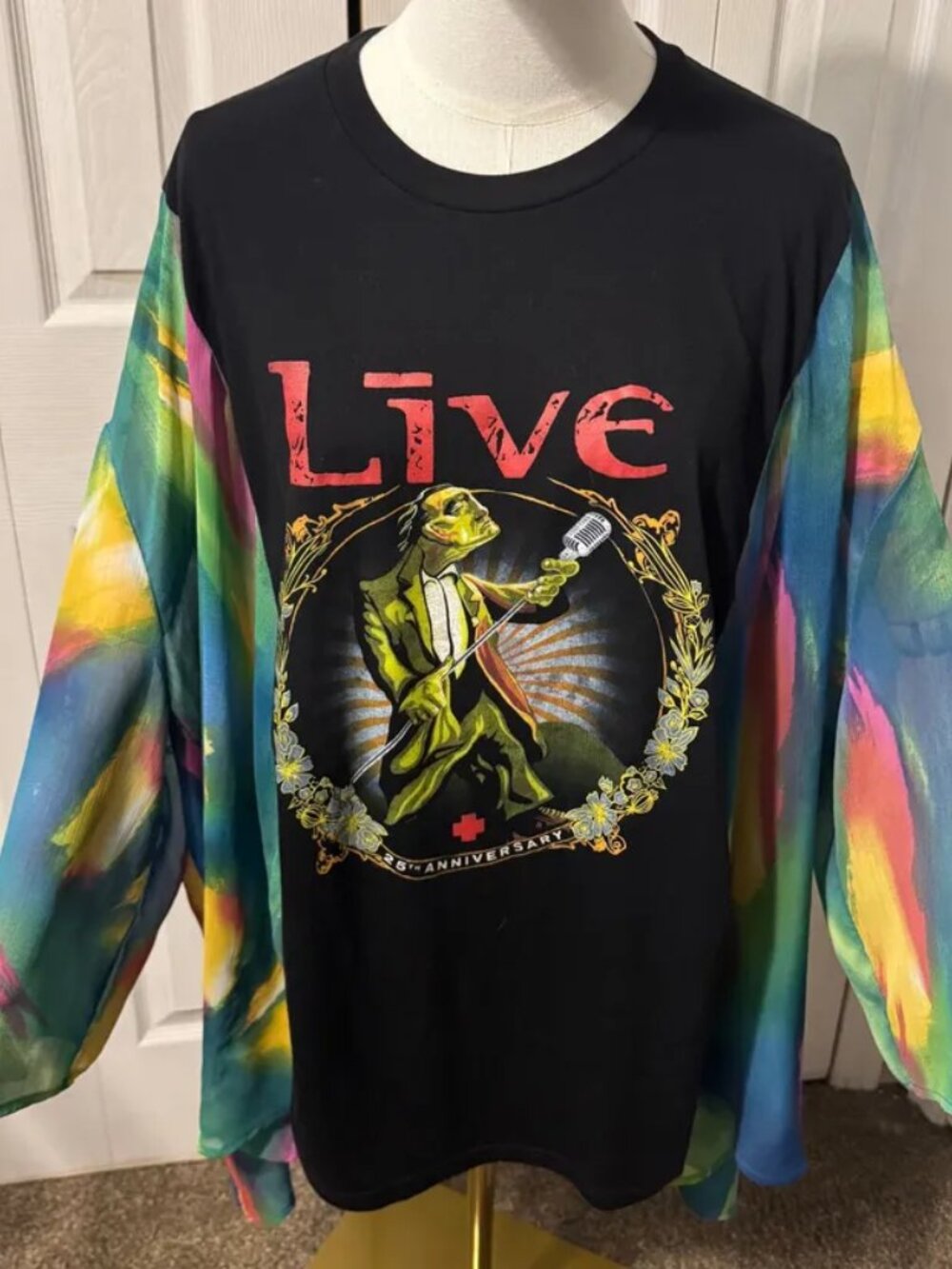 LIVE Throwing Copper Upcycled Graphic T-shirt with Flowy Colorful Sleeves - OSFM